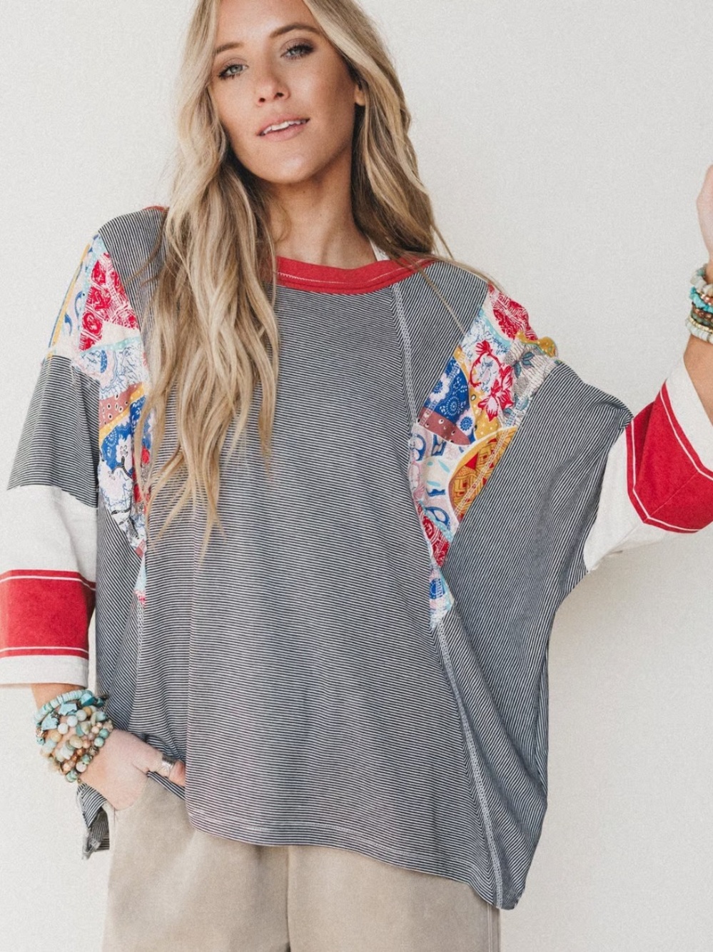 Easel Britt Patchwork Black Gray  Stripe Relaxed Fit Top Size Medium